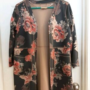 T. Tahari Duster Cardigan Women's Petite Large Sweater, Floral Faux Suede Classy